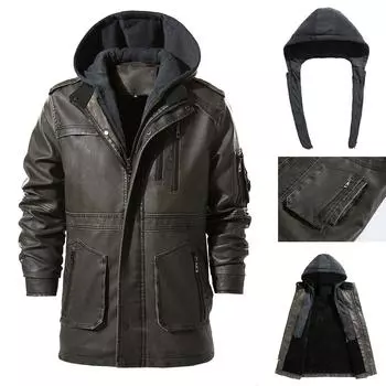 Мужское классическое винтажное кожаное пальто средней длины Мужское пальто средней длины кожаное пальто с капюшоном Размер США L чёрный