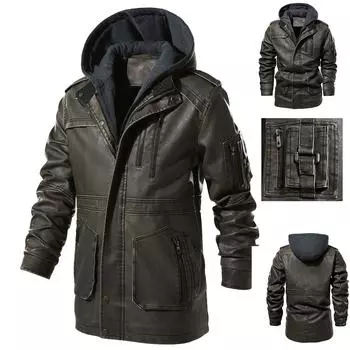 Мужское классическое винтажное кожаное пальто средней длины Мужское пальто средней длины кожаное пальто с капюшоном Размер США XXL чёрный