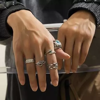 Мужское кольцо из 5 предметов с полым глазом дьявола, многоэлементное, многослойное, ретро-ювелирное украшение в стиле хип-хоп серебряный