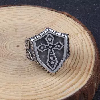 Мужское кольцо из нержавеющей стали с крестом и викингом 7