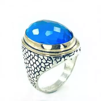 Мужское кольцо из серебра 925 пробы специального размера с синим топазом