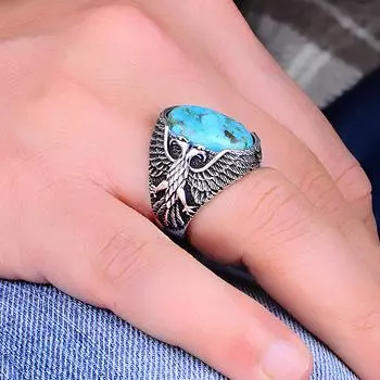 Мужское кольцо с бирюзой и бирюзой в форме сельджуков с двойной головой орла, кольцо из стерлингового серебра 925 пробы с бирюзой и анатолийским дизайном, кольца для мужчин