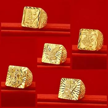 Мужское кольцо с драконом, покрытым 24-каратным золотом, и орлом Гуаньюй из вьетнамского песочного золота. Adjustable Opening