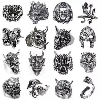 Мужское кольцо в стиле ретро-панк, скелет демона, хип-хоп, рок, локомотив, кольцо из титанового стального сплава, кольцо цвета древнего серебра, женские ювелирные изделия resizable