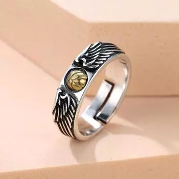 Мужское кольцо в стиле ретро, тайское серебро, двухцветное баскетбольное крыло, крылья, персонализированное модное мужское и женское изношенное маленькое открытое кольцо 6 чёрный