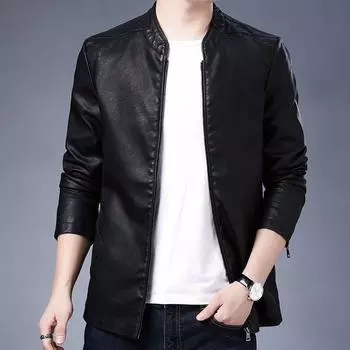 Мужское кожаное пальто, мужская весенне-осенняя приталенная куртка в корейском стиле из искусственной кожи, модная, красивая, флисовая, байкерская куртка на осень и зиму M