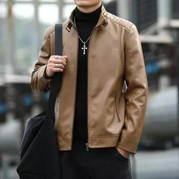 Мужское кожаное пальто весна-осень новая мотоциклетная куртка с воротником-стойкой мужская куртка модная короткая кожаная куртка флисовая кожаная куртка L