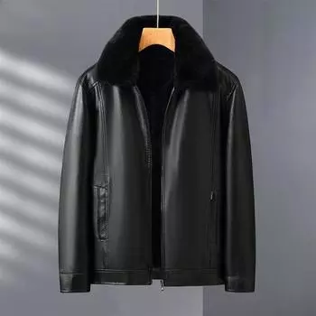 Мужское кожаное пальто, зимнее утепленное повседневное мужское кожаное пальто с воротником-поло на молнии 50 чёрный