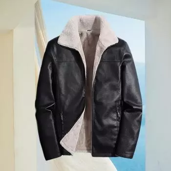 Мужское кожаное пальто, зимнее утолщенное кожаное пальто на флисовой подкладке с интегрированным мехом, повседневная куртка из искусственной кожи больших размеров, куртка