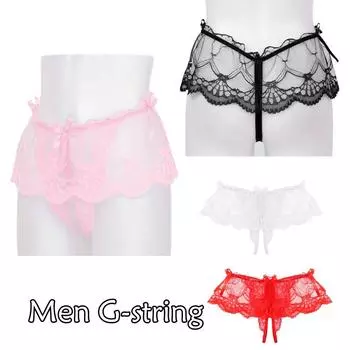 Мужское кружевное белье с цветочным принтом, прозрачные стринги с вырезами и юбкой, трусики с Т-образной спинкой, трусики-стринги с низкой посадкой и бантом, нижнее белье M