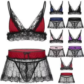 Мужское кружевное нижнее белье с цветочным принтом, кроссдресс, бюстгальтер без косточек, топ с юбкой, стринги, пижамы, одежда для сна L