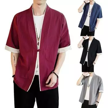 Мужское льняное японское кимоно, кардиган на одной пуговице, куртка в древнем стиле L чёрный