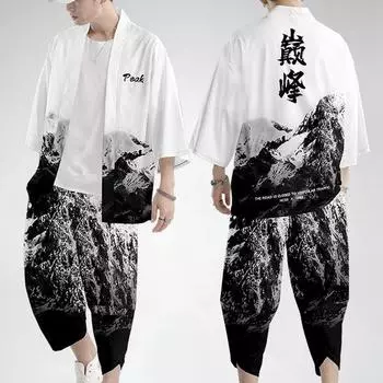 Мужское летнее кимоно в китайском стиле с буквенным принтом, куртка, топ, брюки, верхняя одежда, повседневные свободные белые модные комплекты L чёрный