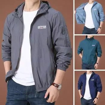 Мужское летнее солнцезащитное пальто с капюшоном на шнурке и длинными рукавами, анти-УФ-куртка с буквенным принтом и молнией, ветровка M зелёный