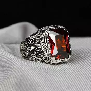 Мужское модное кольцо Hecheng Silver Square Red Zircon number 11 античный серебряного