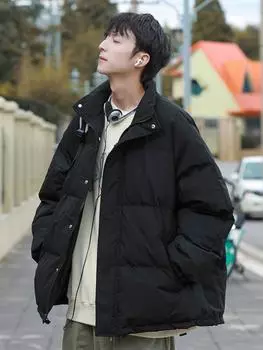 Мужское модное новое зимнее толстое хлопковое пальто с длинным рукавом, черная верхняя одежда для пар, мужская модная однотонная хлопковая куртка S чёрный