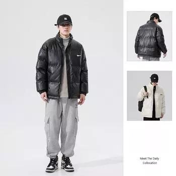 Мужское модное пальто из кожи, утепленное мужское хлопковое пальто с воротником-стойкой из искусственной кожи, модное осенне-зимнее мужское свободное хлопковое пальто M