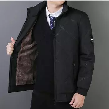 Мужское модное повседневное удобное пальто, новое осенне-зимнее, воротник-стойка, плюс бархатное ромбовидное клетчатое теплое пальто с хлопковой подкладкой M чёрный