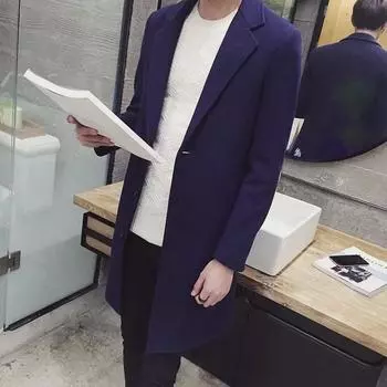 Мужское модное шерстяное пальто средней длины - весна/осень 2024 г. в корейском стиле M темно-синий