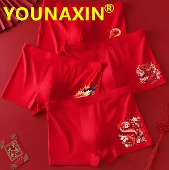 Мужское нижнее белье большого размера с принтом животных, трусы-боксеры, красные трусы, хлопковые трусы, подарки на китайский Новый год 2025 года, размеры L, XL, 2XL, 3XL, 4XL, 5XL L красный