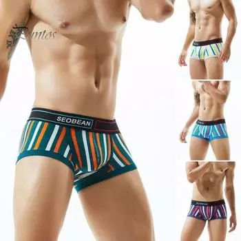 Мужское нижнее белье-боксеры с широким эластичным поясом, трусы-боксеры с низкой посадкой, U-выпуклые эластичные трусы с полосатым принтом M небесно-голубой