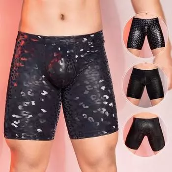 Мужское нижнее белье из искусственной кожи со средней посадкой, 3D U-выпуклые шорты со змеиным леопардовым принтом, трусики, эластичные узкие шорты, трусы