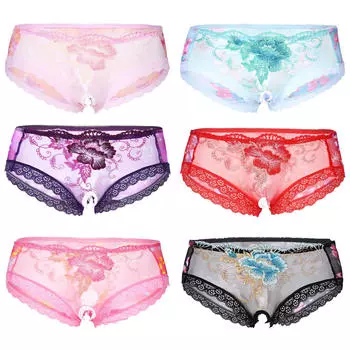 Мужское нижнее белье с цветочной вышивкой, прозрачное, с низкой талией, кружевной отделкой, сетчатым открытым дизайном, дышащие боксеры L