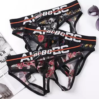 Мужское нижнее белье с низкой посадкой, сетчатые трусики с принтом из полиэстера XXL