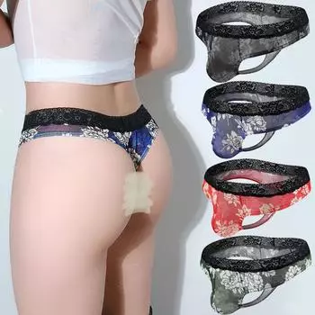 Мужское нижнее белье, сетчатые стринги с принтом, кружевные прозрачные сексуальные стринги U, дышащие прозрачные стринги M