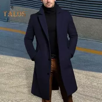 Мужское однотонное шерстяное пальто осень-зима средней длины ветровка с карманами на лацканах с длинным рукавом однобортный деловой пиджак M чёрный