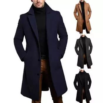 Мужское однотонное шерстяное пальто осень-зима средней длины ветровка с карманами на лацканах с длинным рукавом однобортный деловой пиджак S темно-серого
