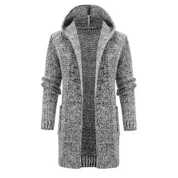 Мужское однотонное вязаное пальто с капюшоном, длинная ветровка, кардиган, свитер средней длины XXXL