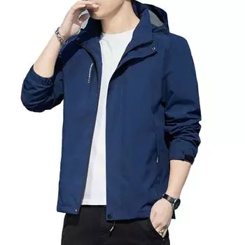 Мужское осенне-весеннее пальто с ветрозащитным капюшоном и плюшевым утепленным повседневным однотонным съемным капюшоном с карманами с длинными рукавами Теплая зимняя куртка на флисовой подкладке M синий