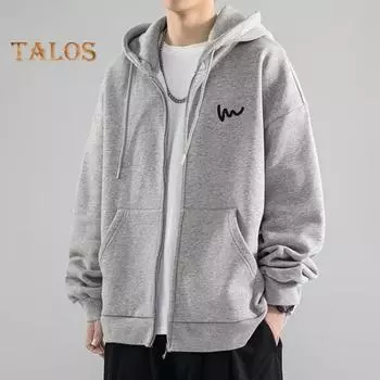 Мужское осенне-зимнее пальто с капюшоном, свободный кардиган на молнии с капюшоном и карманами, уличная спортивная куртка средней длины L темно-серого