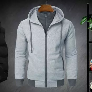 Мужское осенне-зимнее пальто с капюшоном и двойными карманами, застежка-молния, шнурок, цветной блок L чёрный