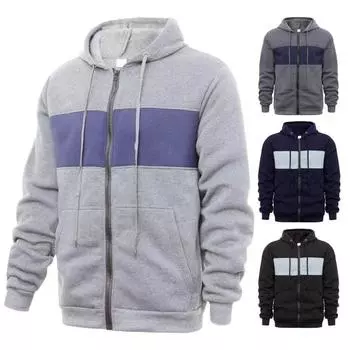 Мужское осенне-зимнее пальто с капюшоном и большими карманами, застежка-молния, цветная спортивная куртка с эластичными манжетами и подолом, облегающий крой S темно-серого