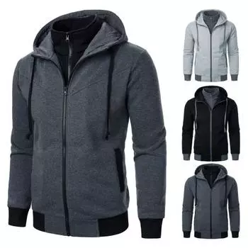 Мужское осенне-зимнее пальто с капюшоном и двойными карманами, застежка-молния, шнурок L светло-серый