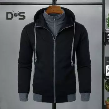 Мужское осенне-зимнее пальто с капюшоном и двойными карманами, застежка-молния, цветная блоковая имитация двухкомпонентной спортивной куртки с эластичными манжетами и подолом для фитнеса L темно-серого