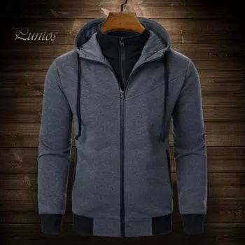 Мужское осенне-зимнее пальто с капюшоном и двойными карманами, застежка-молния, цветная блоковая имитация двухкомпонентной спортивной куртки с эластичными манжетами и подолом для фитнеса L чёрный