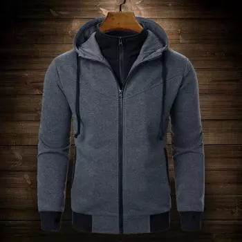 Мужское осенне-зимнее пальто с капюшоном и двойными карманами, застежка-молния, цветная поддельная двухкомпонентная спортивная куртка с эластичными манжетами L темно-серого