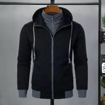 Мужское осенне-зимнее пальто с капюшоном и двойными карманами, застежка-молния, цветная блоковая имитация двухкомпонентной спортивной куртки с эластичными манжетами и подолом для фитнеса L чёрный