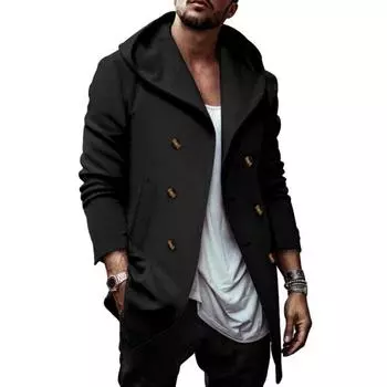 Мужское осенне-зимнее пальто с капюшоном, двубортное, средней длины, с длинным рукавом, сплошной цвет, свободные мягкие карманы, пуговицы, теплая куртка-кардиган, мужская весенняя одежда L чёрный