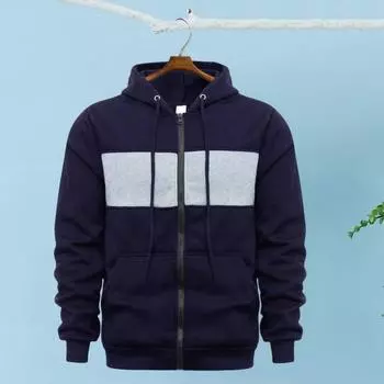 Мужское осенне-зимнее пальто с капюшоном и большими карманами, застежка-молния, цветная спортивная куртка с эластичными манжетами и подолом, приталенная верхняя одежда S темно-синий