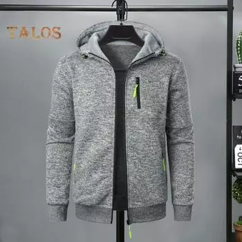 Мужское осенне-зимнее пальто с капюшоном, длинными рукавами, эластичными манжетами, жаккардовый вязаный кардиган, застегивающийся на молнию, однотонная спортивная куртка L темно-серого