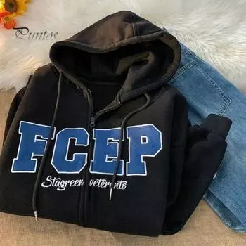 Мужское осенне-зимнее пальто с капюшоном, свободный кардиган на молнии с капюшоном, вышитые буквы, верхняя одежда с карманами, уличная спортивная куртка средней длины M синий