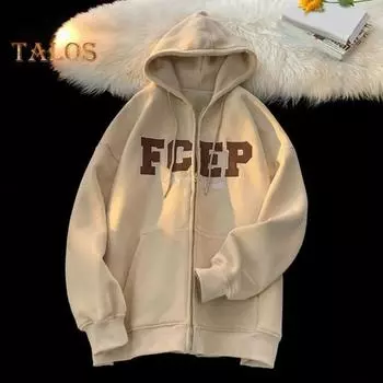 Мужское осенне-зимнее пальто с капюшоном, свободный кардиган на молнии с капюшоном, вышитые буквы, верхняя одежда с карманами, уличная спортивная куртка средней длины M синий