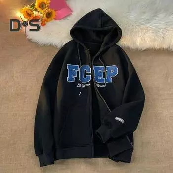 Мужское осенне-зимнее пальто с капюшоном, свободный кардиган на молнии с капюшоном, вышитые буквы, верхняя одежда с карманами, уличная спортивная куртка средней длины XL коричневый