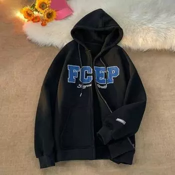 Мужское осенне-зимнее пальто с капюшоном, свободный кардиган на молнии с капюшоном, вышитые буквы, верхняя одежда с карманами, уличная спортивная куртка средней длины M коричневый