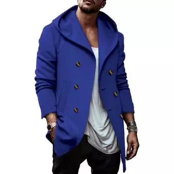 Мужское осенне-зимнее пальто с капюшоном, двубортное, средней длины, с длинным рукавом, сплошной цвет, свободные мягкие карманы, пуговицы, теплая куртка-кардиган, мужская весенняя одежда L королевский синий