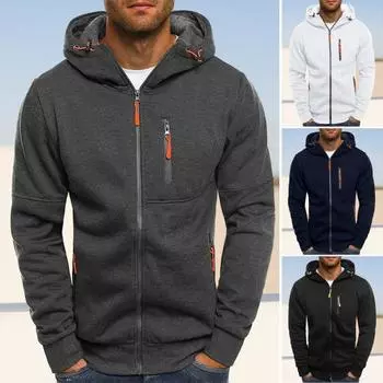 Мужское осенне-зимнее пальто с карманами на молнии с капюшоном и шнурком кардиган толстый теплый сплошной цвет с длинным рукавом мягкие эластичные манжеты мужская зимняя куртка XL чёрный